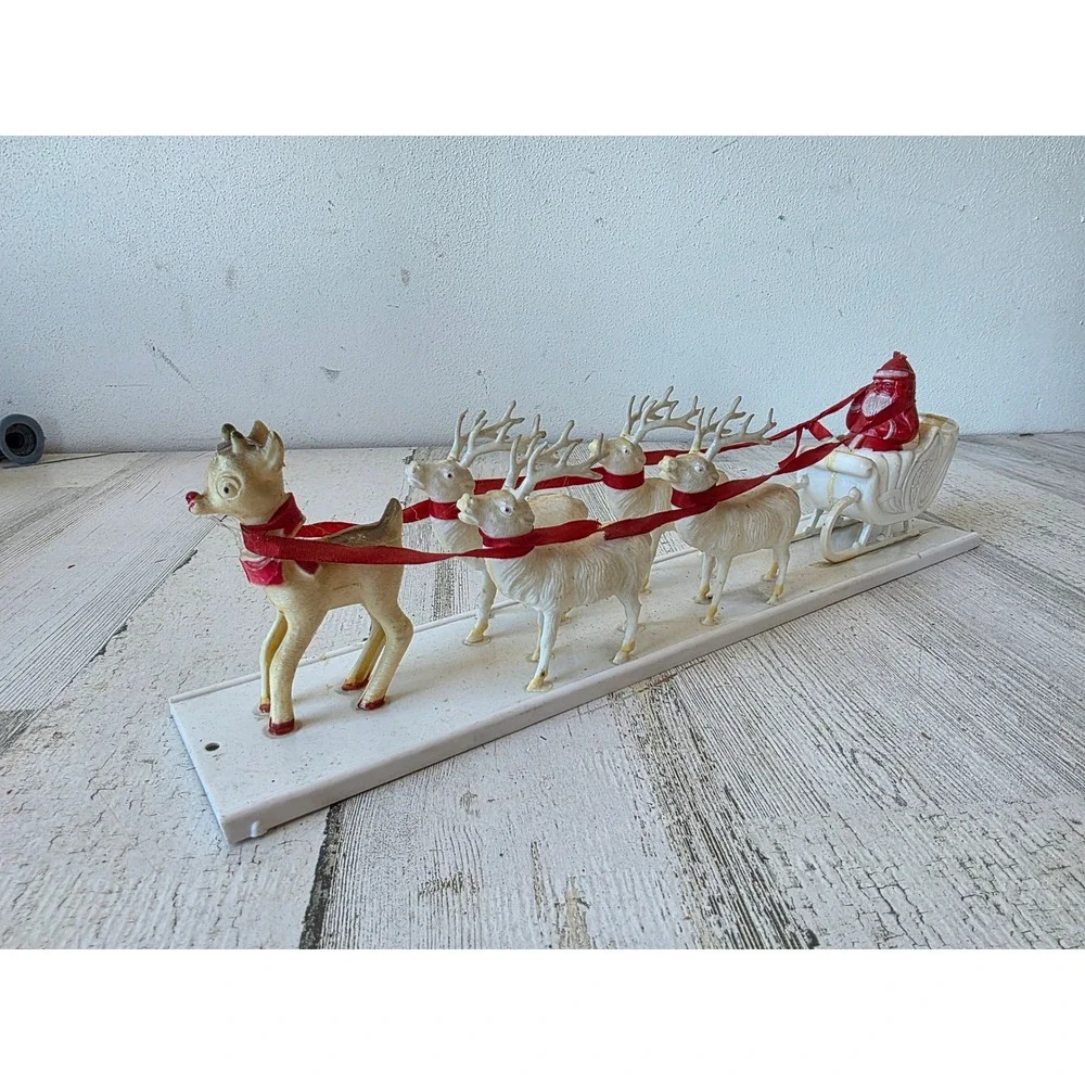Antique plastic reindeer sleigh Santa vintage Xmas decor Rudolph